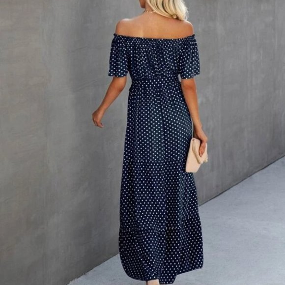 Boho polka-dot shoulder ruffle maxi dress blue - Picture 5 of 6